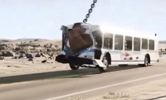 【動画】 バスの正面に巨大な『岩』を吊り下げてブツけた物理エンジン！！